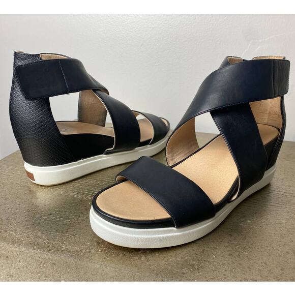 DR SCHOLLS SANDALS WOMENS 11 BLACK LEATHER SCOUT HIGH WEDGE SHOES STRAPPY COMFY - Picture 1 of 13